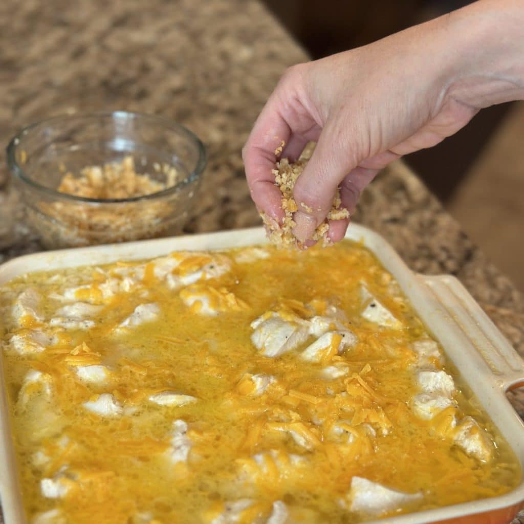 Adding a cracker crumb to the top of a par-baked casserole.