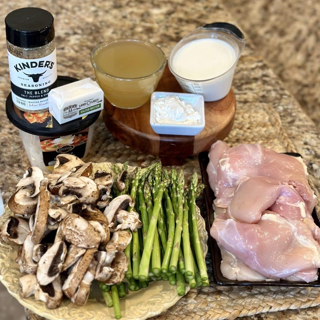 The ingredients needed to make a chicken and vegetable skillet with gravy.