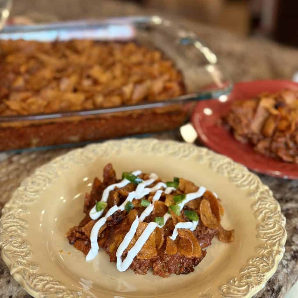 A plate of Frito chili pie.