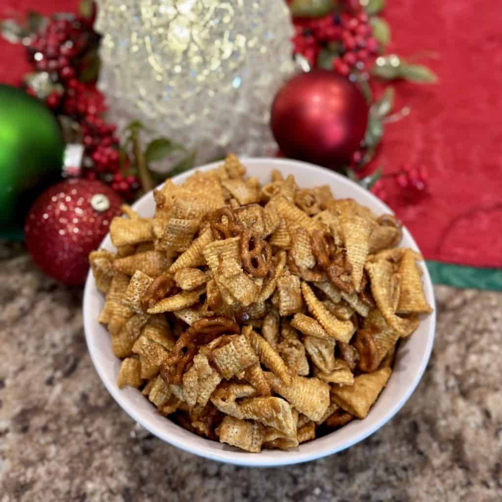 A bowl of chex mix.