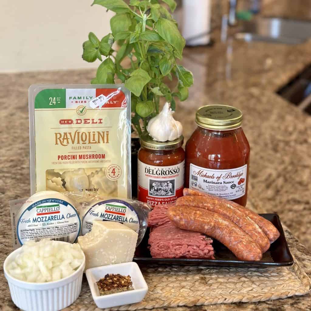 Ingredients to make a baked ravioli.