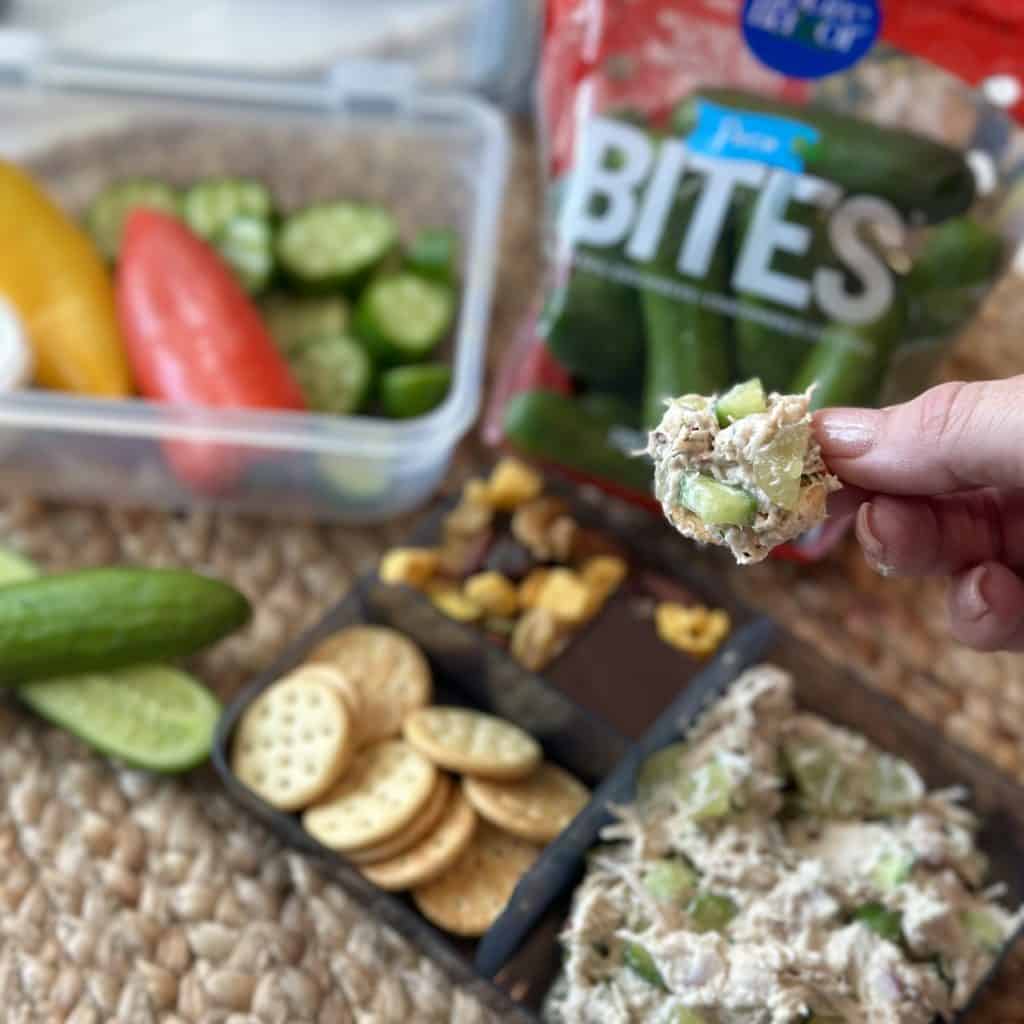 A cracker topped with chicken salad.