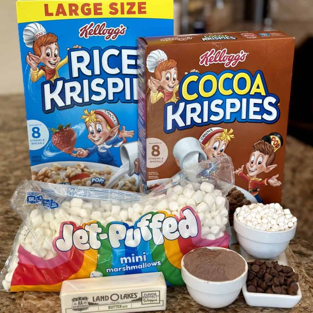 The ingredients to make hot chocolate rice Krispie treats.