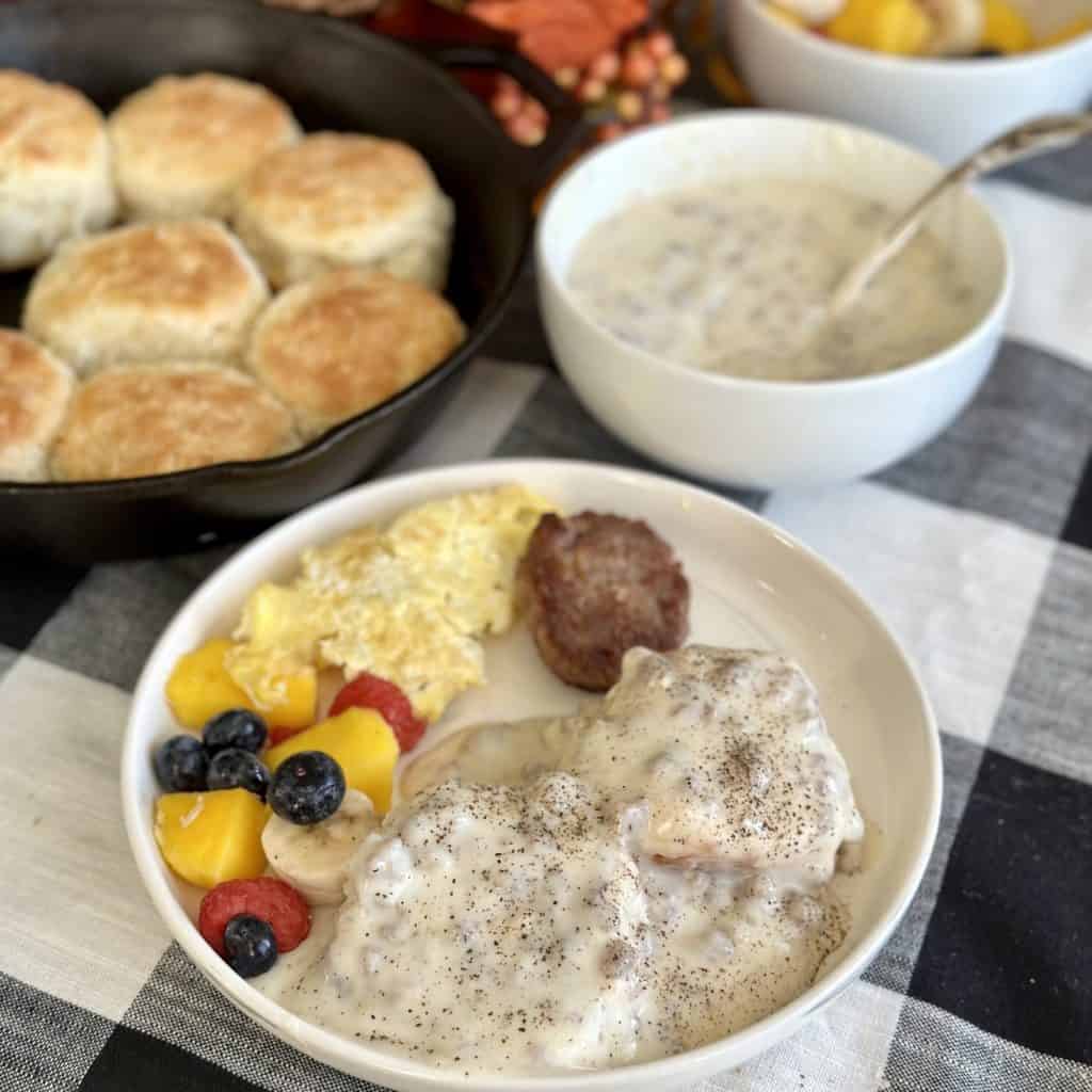 A plate of biscuits and gravy.
