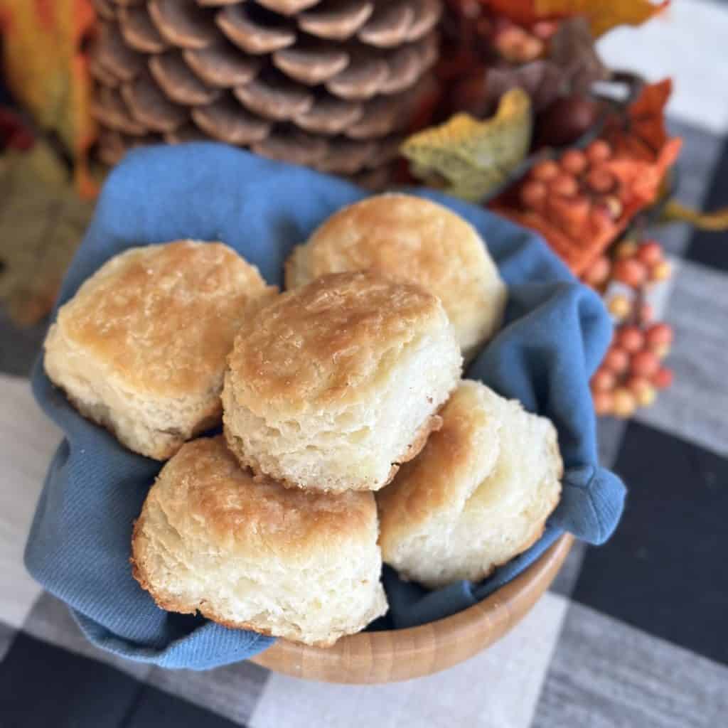 A bowl of homemade biscuits.