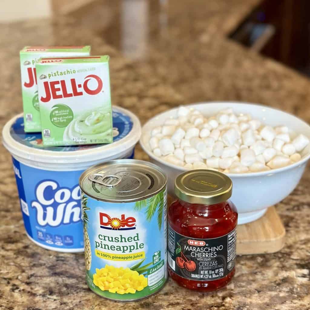 The ingredients to make a Watergate salad recipe.