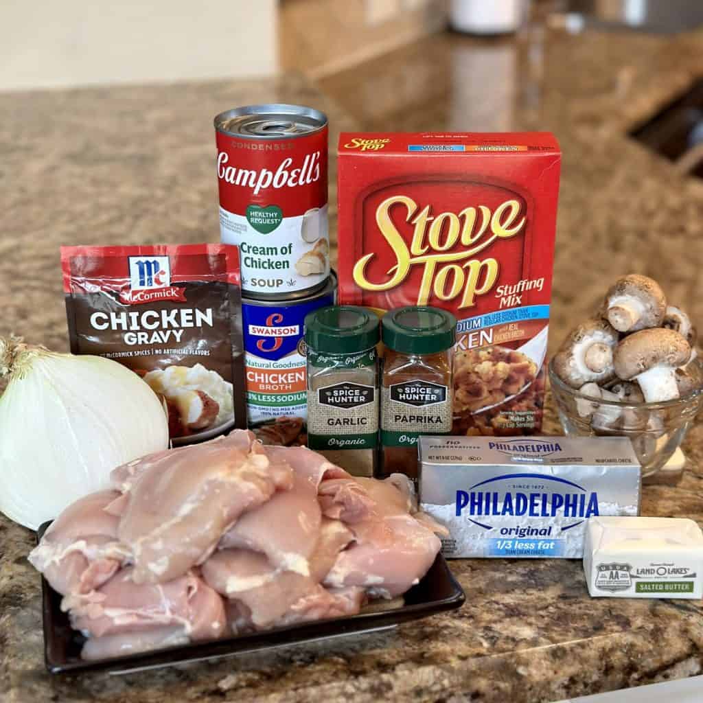 The ingredients to make a chicken and gravy dish with stuffing.