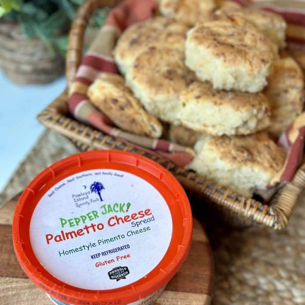 A basket of biscuits and palmetto cheese.