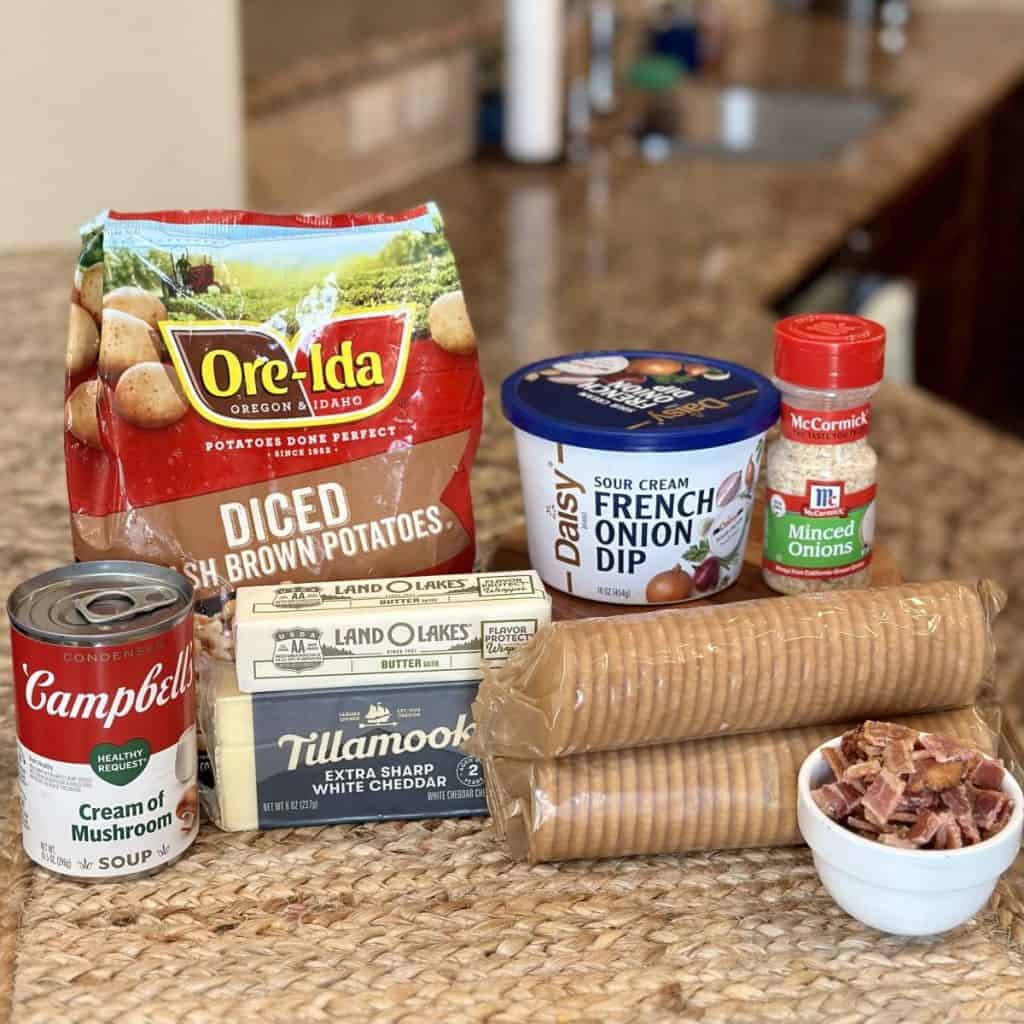 The ingredients displayed that will make loaded funeral potatoes.