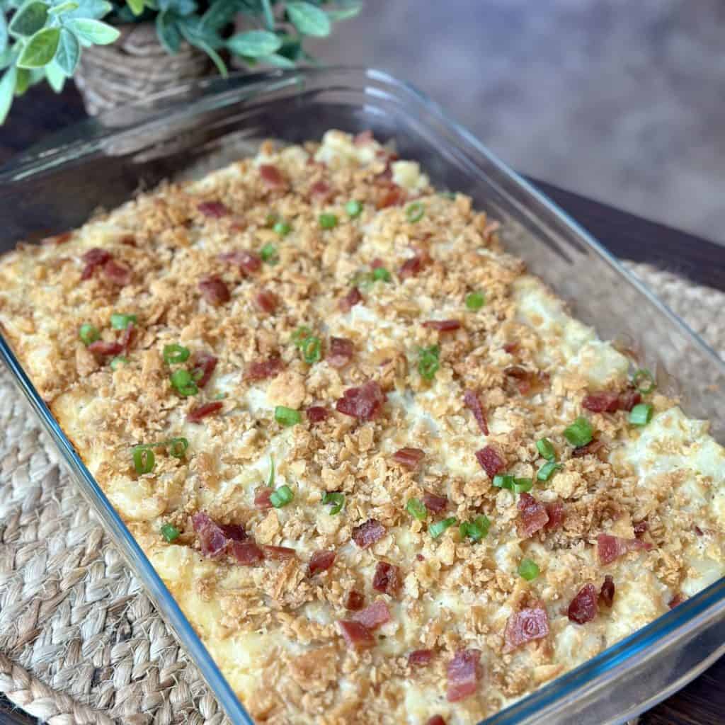 A 13x9 pan of loaded potato casserole.