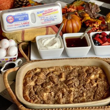 An overnight French toast bake with toppings on the side.