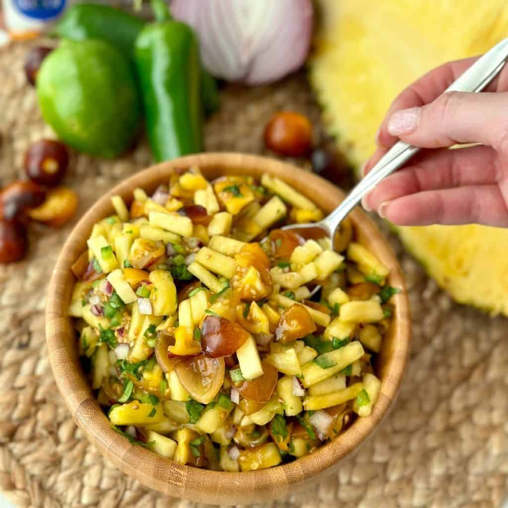 A bowl of tropical pico de gallo.