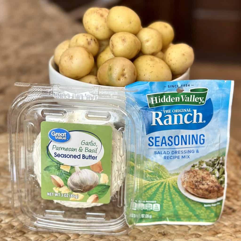 Ranch seasoning, garlic butter and potatoes for roasted potatoes.