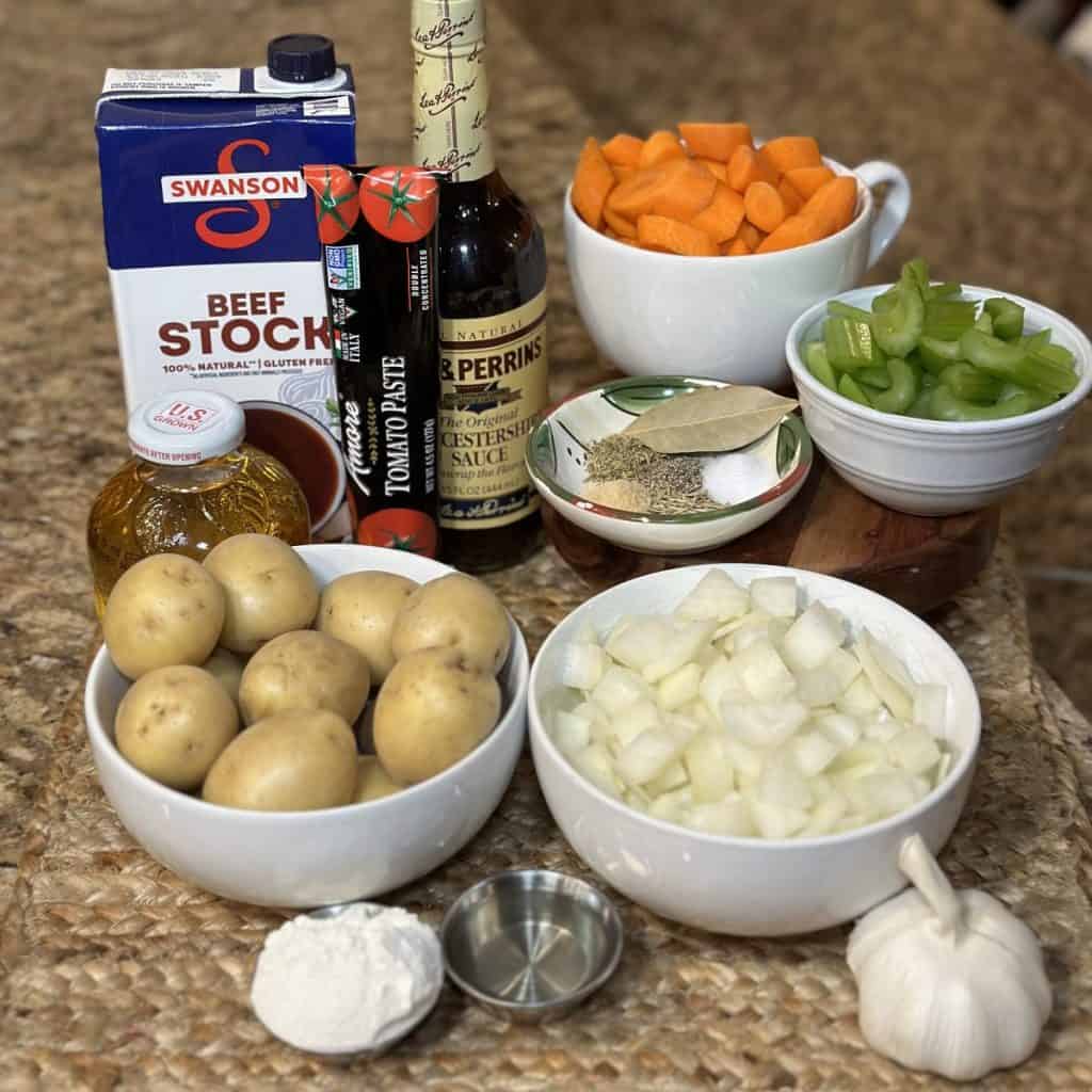 The ingredients to make beef stew.