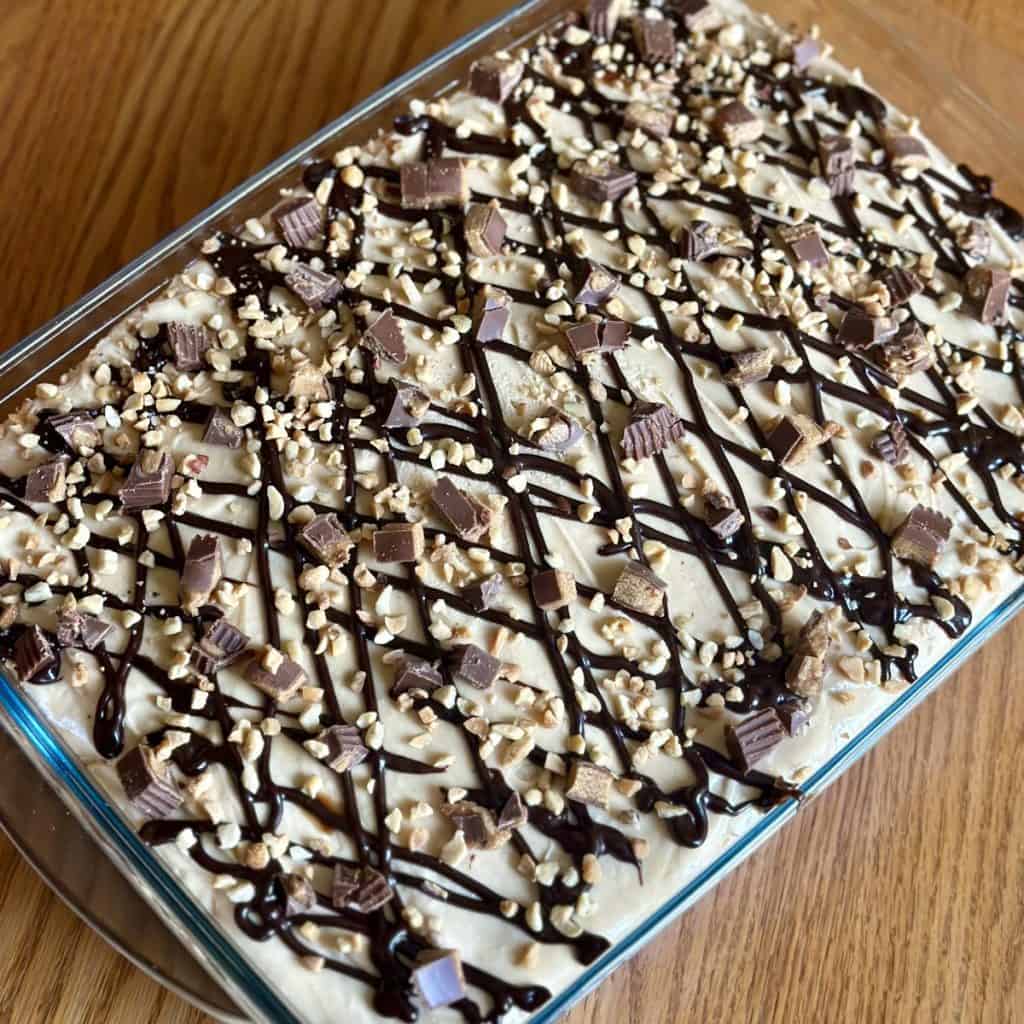 An overview shot of a chocolate peanut butter cake.