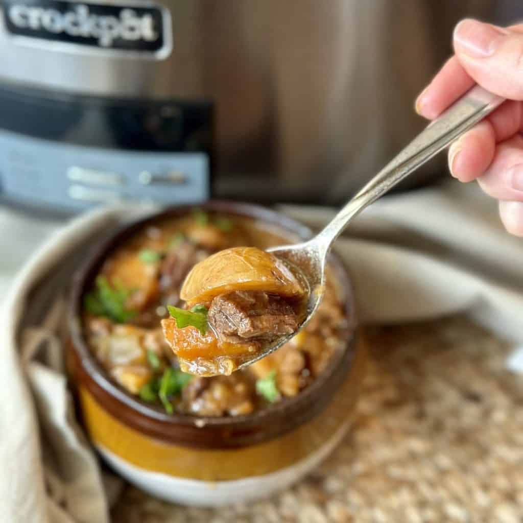 A spoon filled with a bite of beef stew.