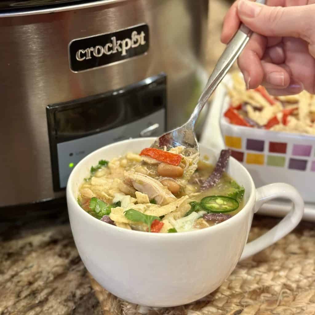 A bowl of slow cooker white chicken chili.