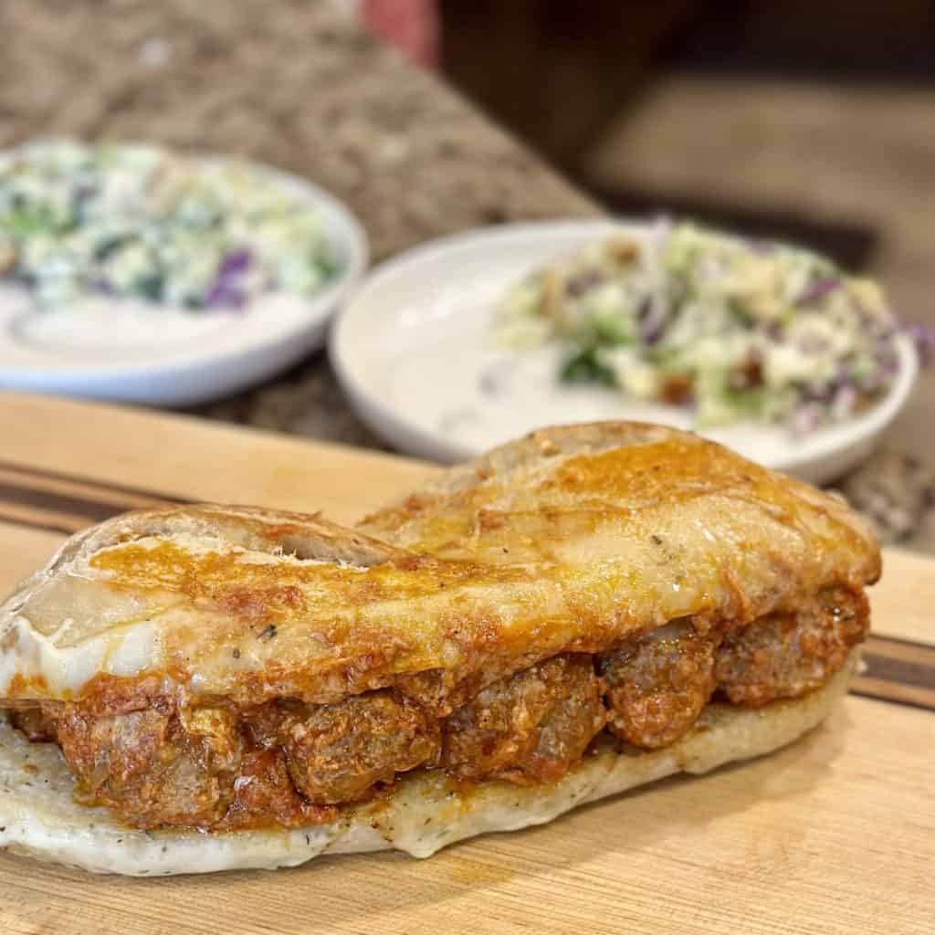 A large meatball sub sandwich.