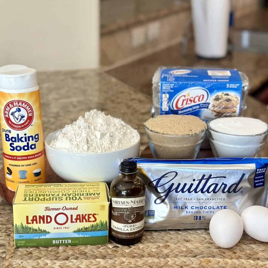 Ingredients for chocolate chip cookies.