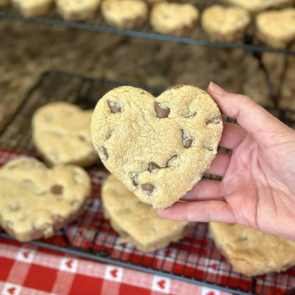 A heart shaped chocolate chip cookie.
