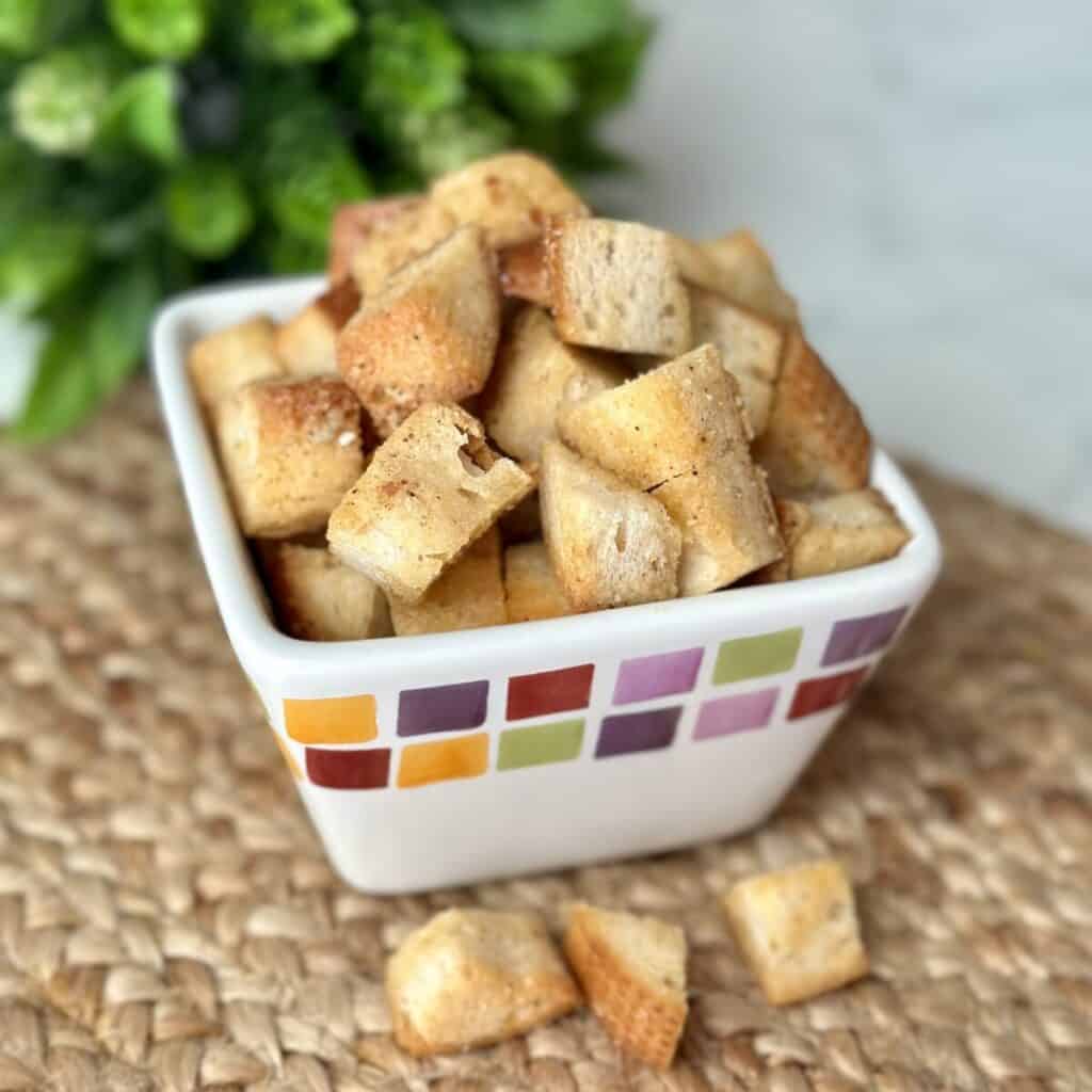 A bowl of croutons