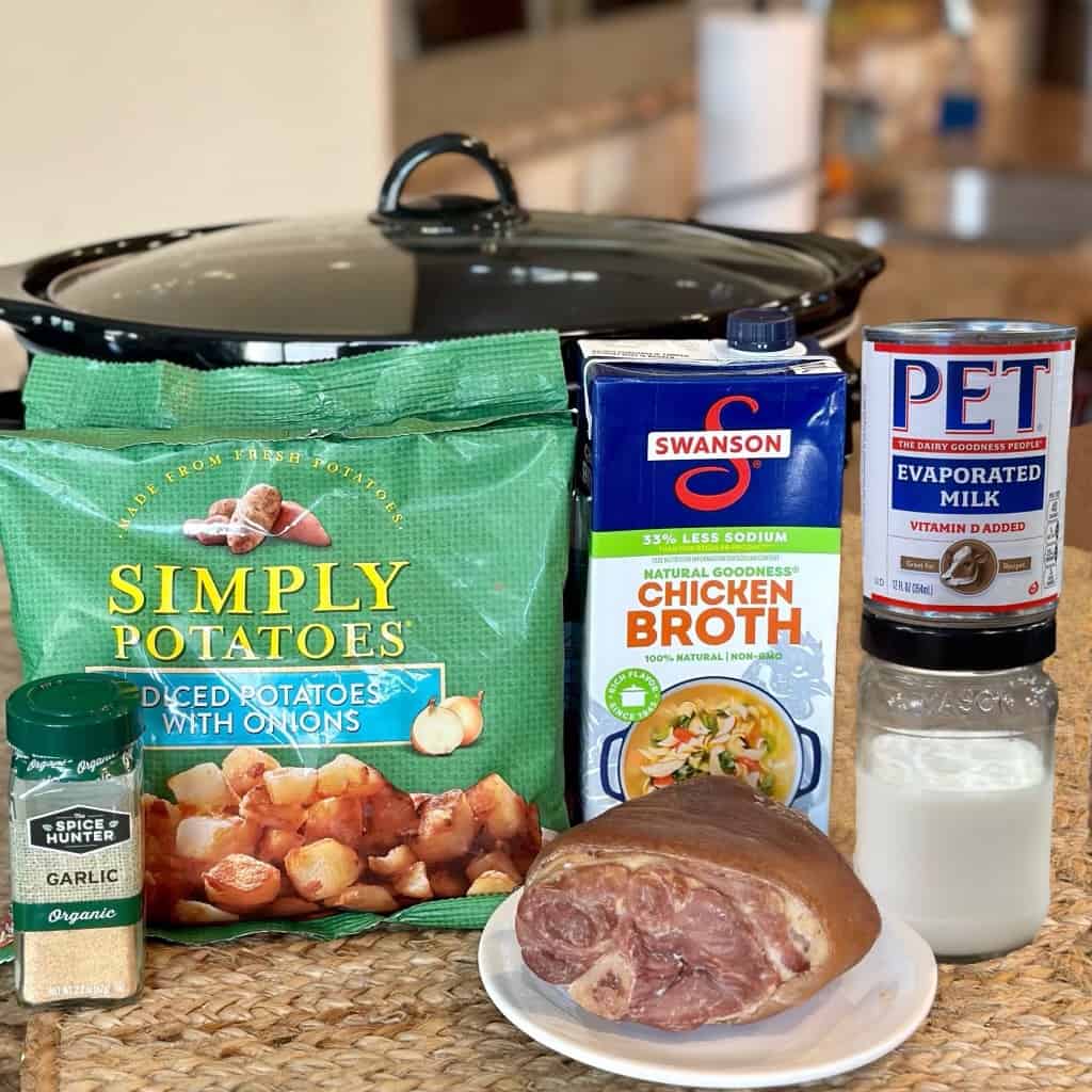 The ingredients to make ham and potato soup.