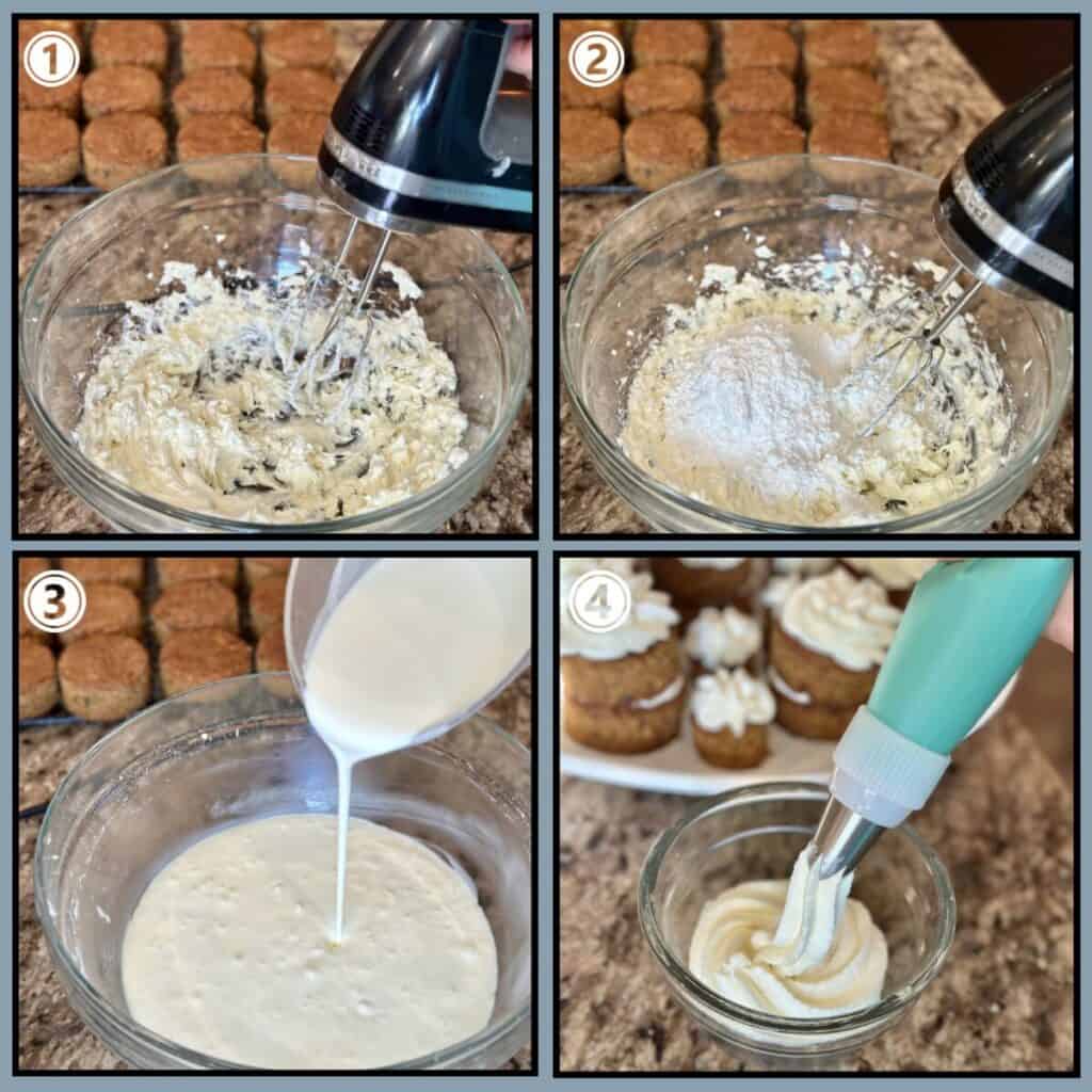 A 4 picture set showing how to make a cream cheese frosting.