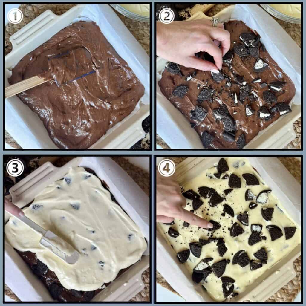 Assembling oreo cheesecake brownies in a pan.