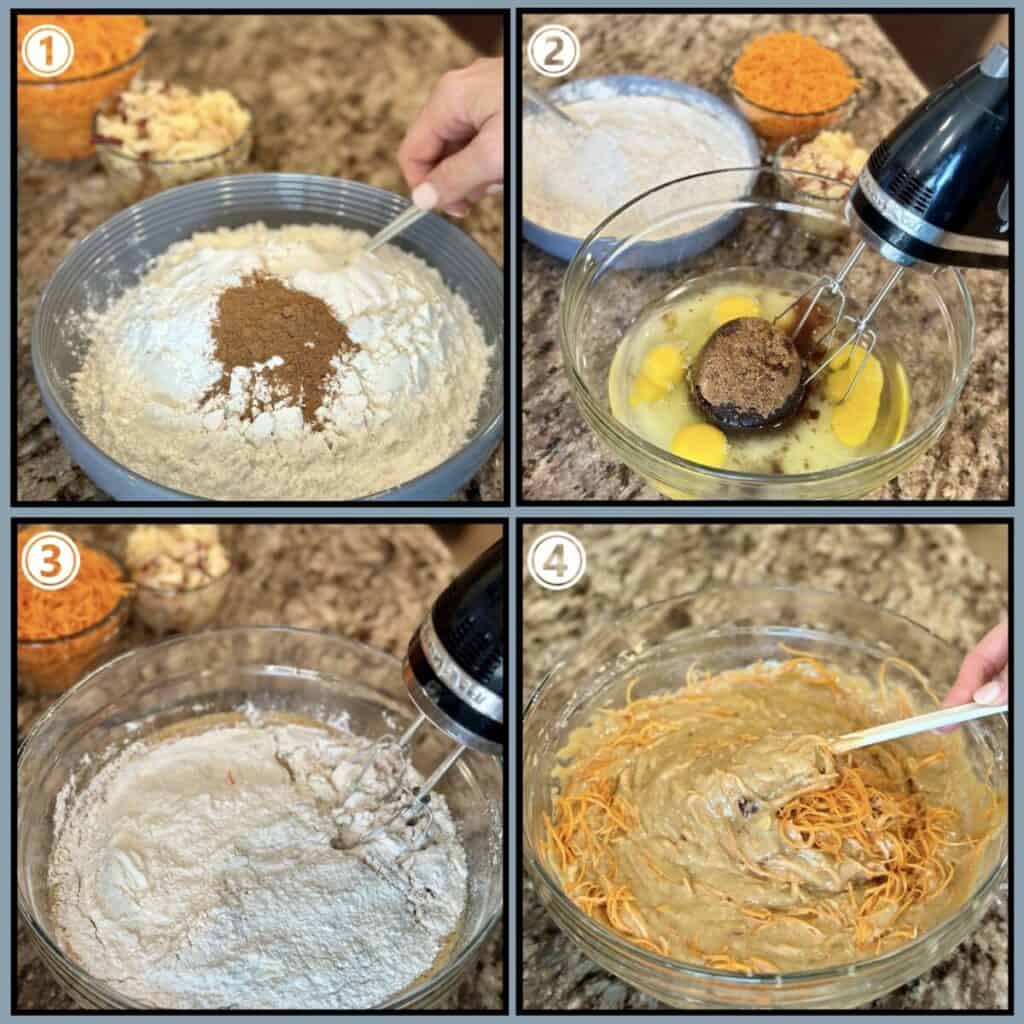 Four pictures showing the steps of mixing together a carrot cake.