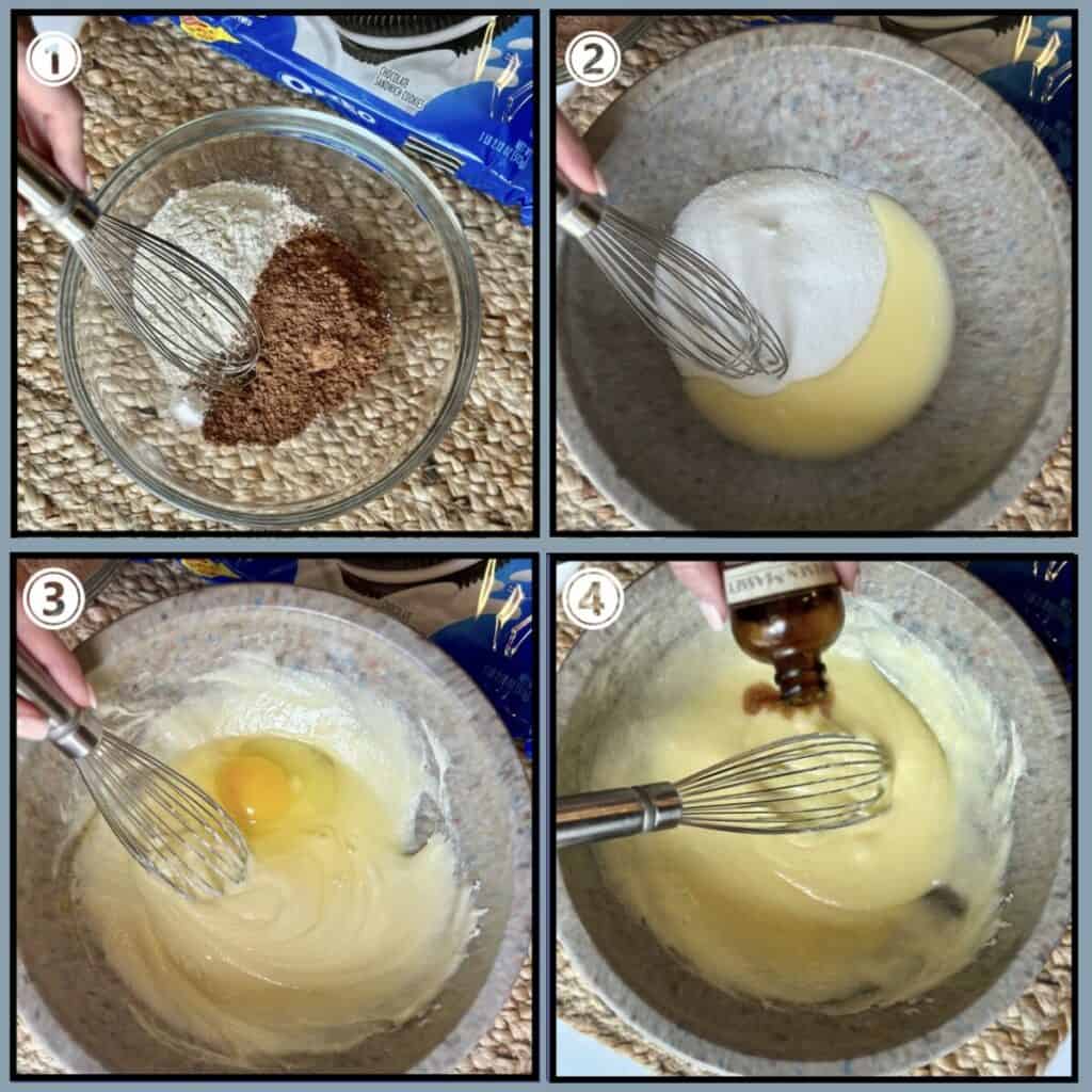Steps 1-4 making Oreo cheesecake brownies of mixing together ingredient in a bowl.