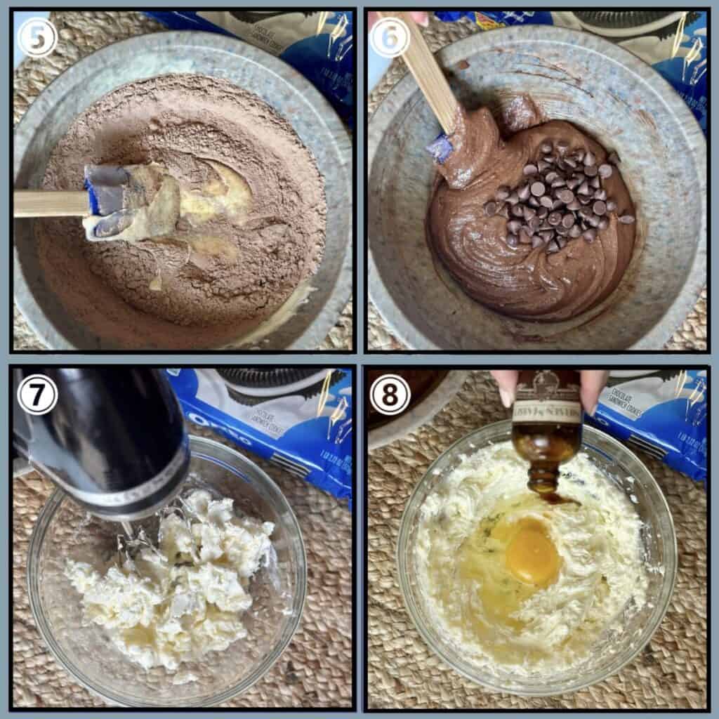 Steps 5-8 mixing ingredients in a bowl for Oreo cheesecake brownies.