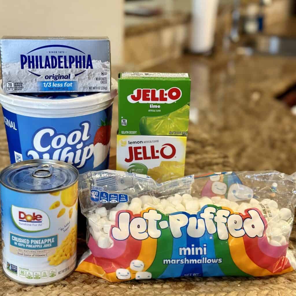 The ingredients to make a pineapple jello salad.