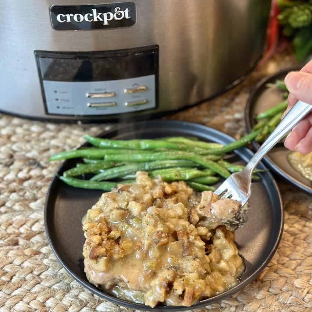 A plate of crockpot chicken and stuffing.