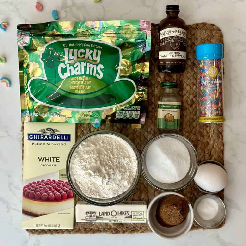 Ingredients to make lucky charm cookies.