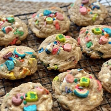 Lucky charm cookies on a cooling rack.