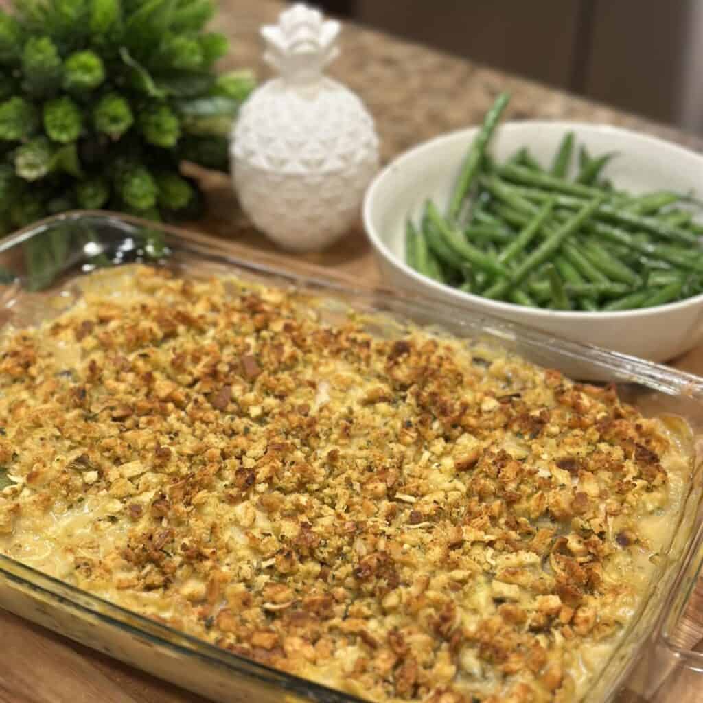 Crockpot chicken and stuffing baked instead in a 13x9 dish.