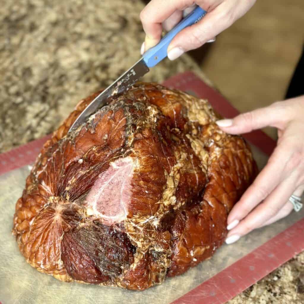 Scoring a bone in ham.