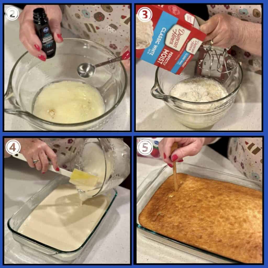 Four of the steps displayed making a white cake mix.