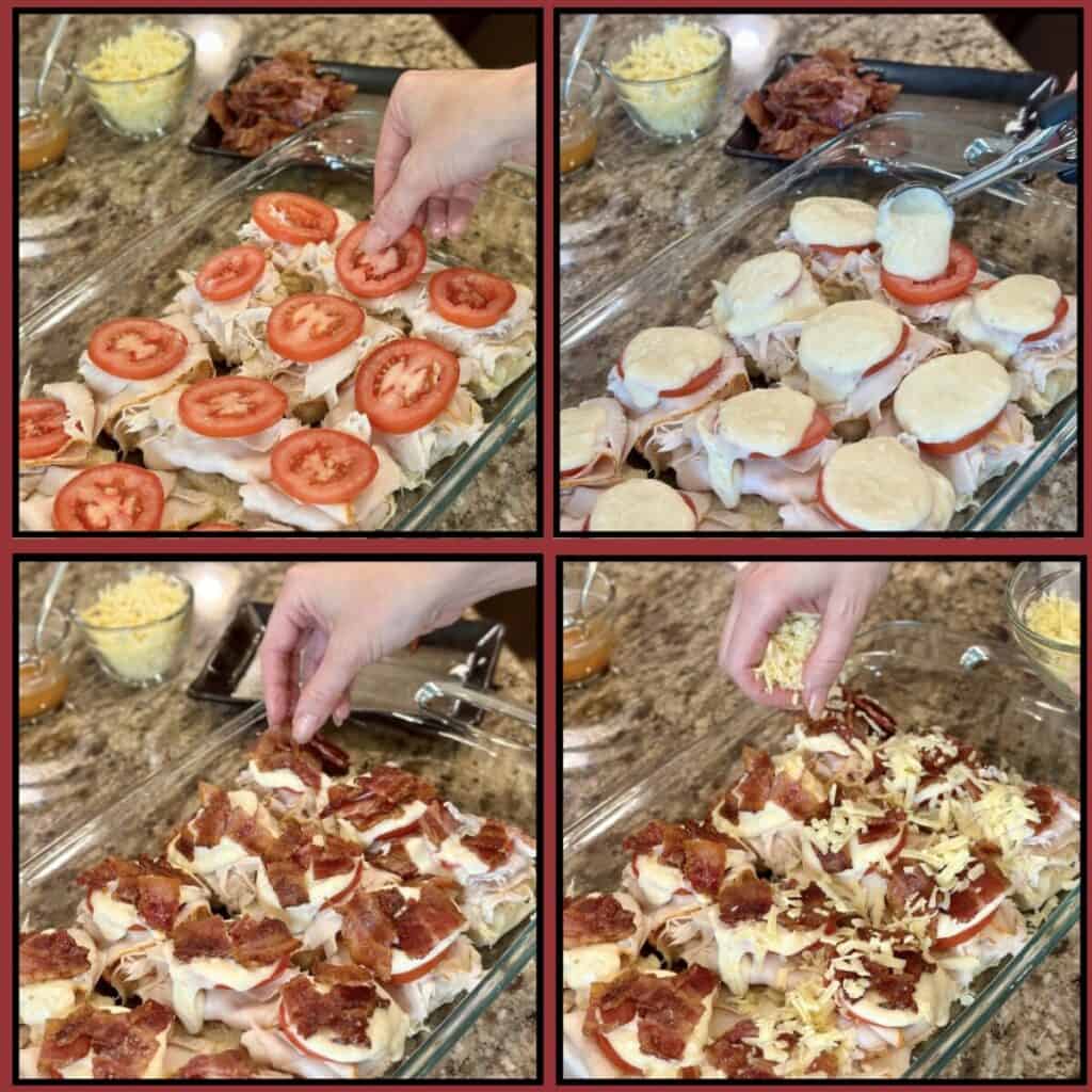 Assembling hot brown slider sandwiches.