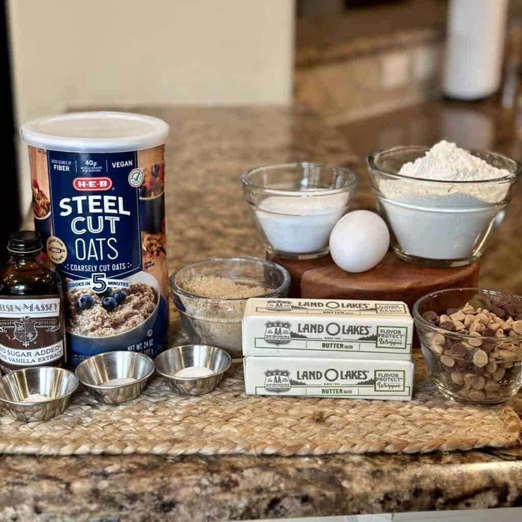 The ingredients to make steel cut oatmeal cookies.