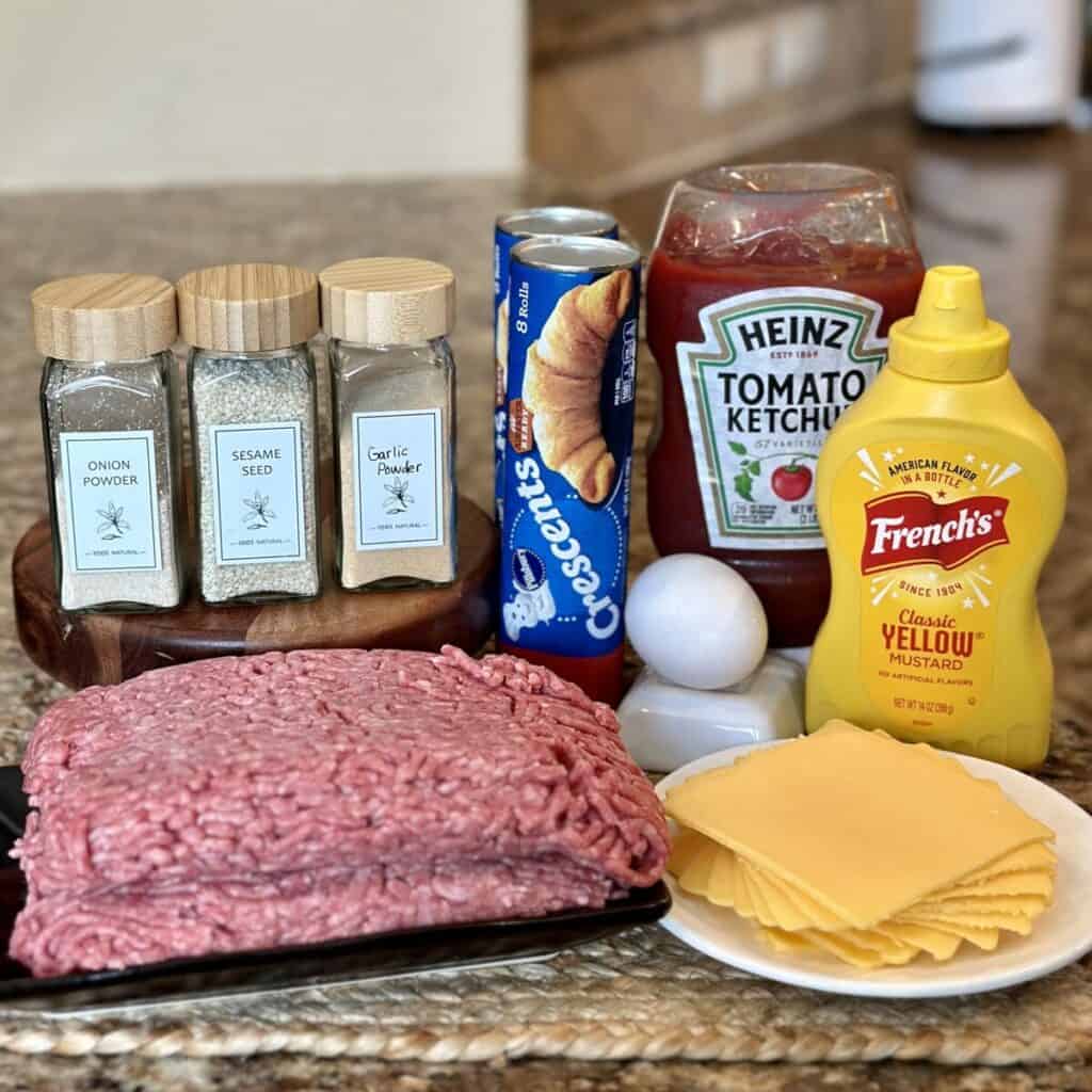 The ingredients to make a crescent roll cheeseburger ring.