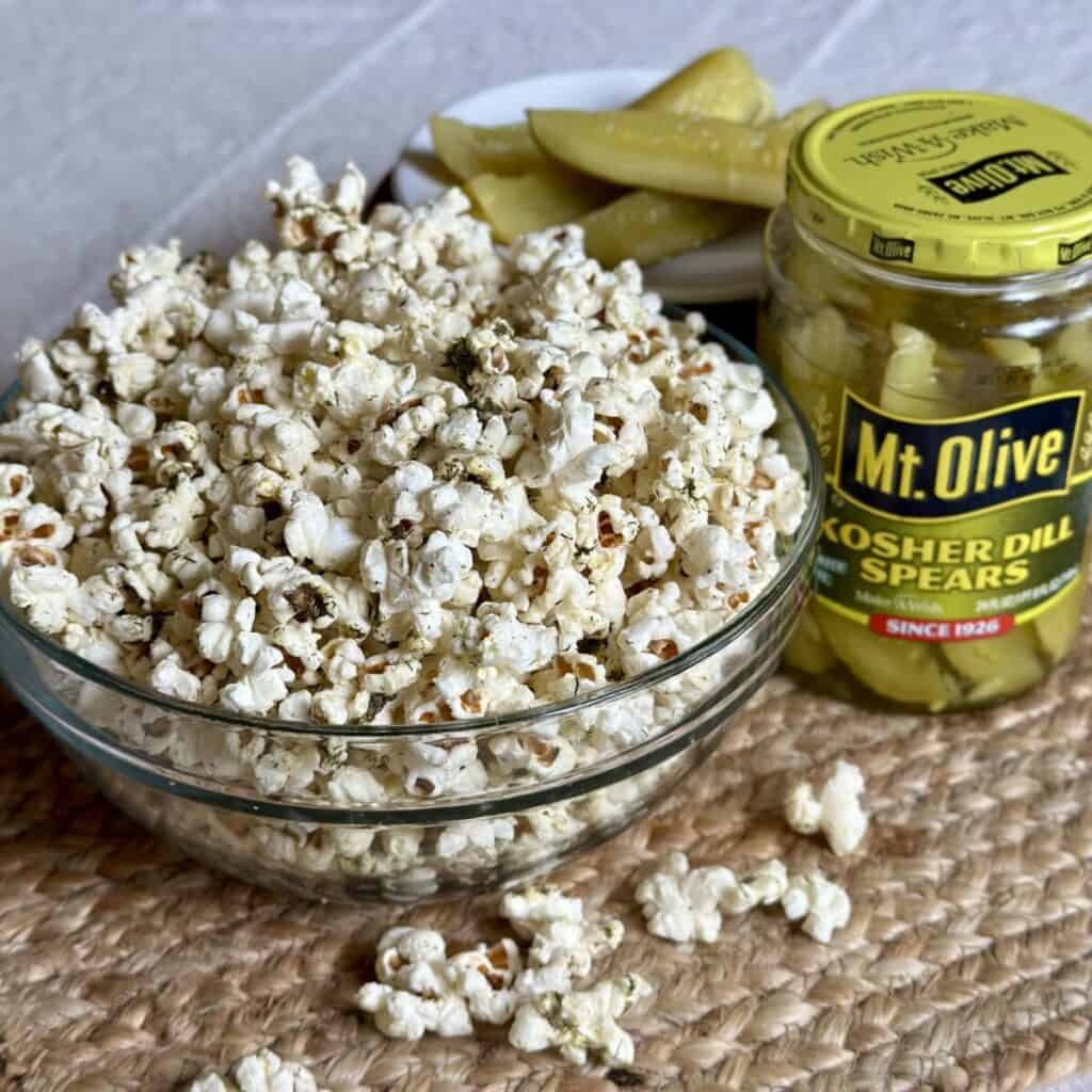 A bowl of dill pickle popcorn