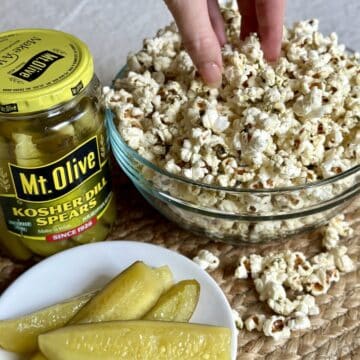 A bowl of pickle popcorn.