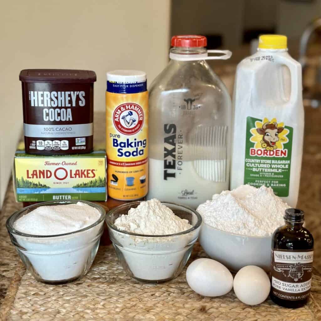 The ingredients to make texas sheet cake bites.