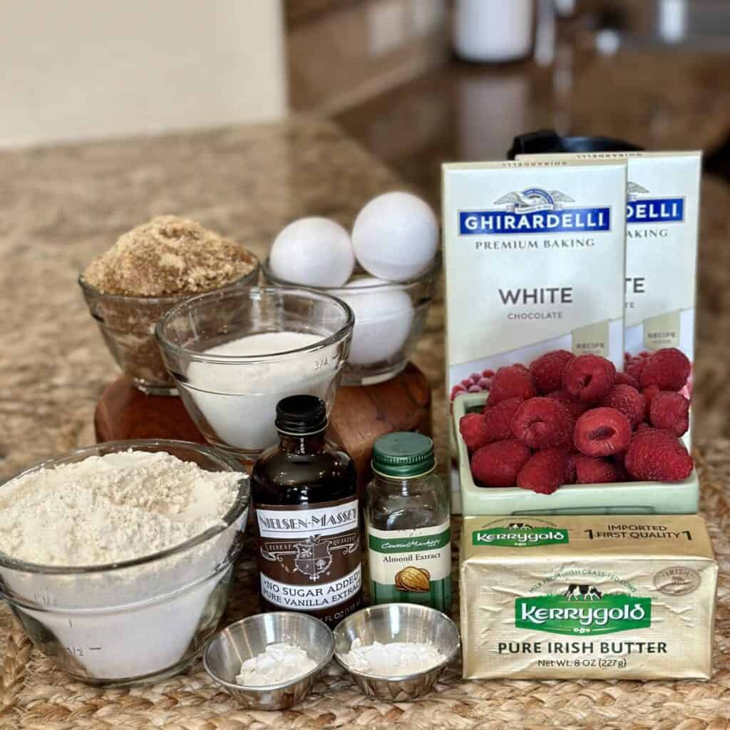 The ingredients to make white chocolate raspberry bars.