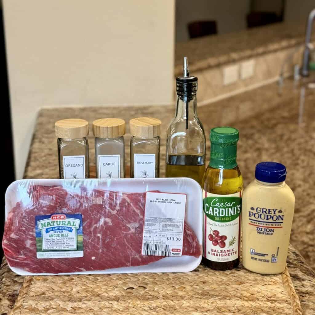 The ingredients for balsamic flank steak and balsamic marinade.