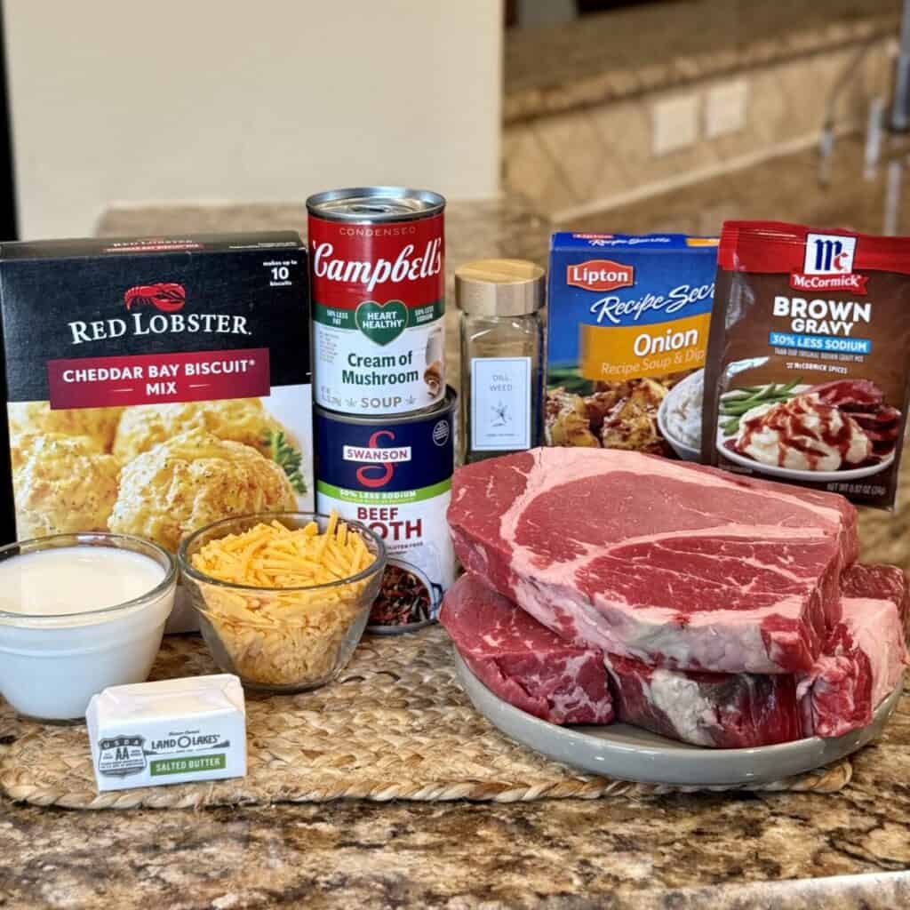The ingredients to make beef cobbler.