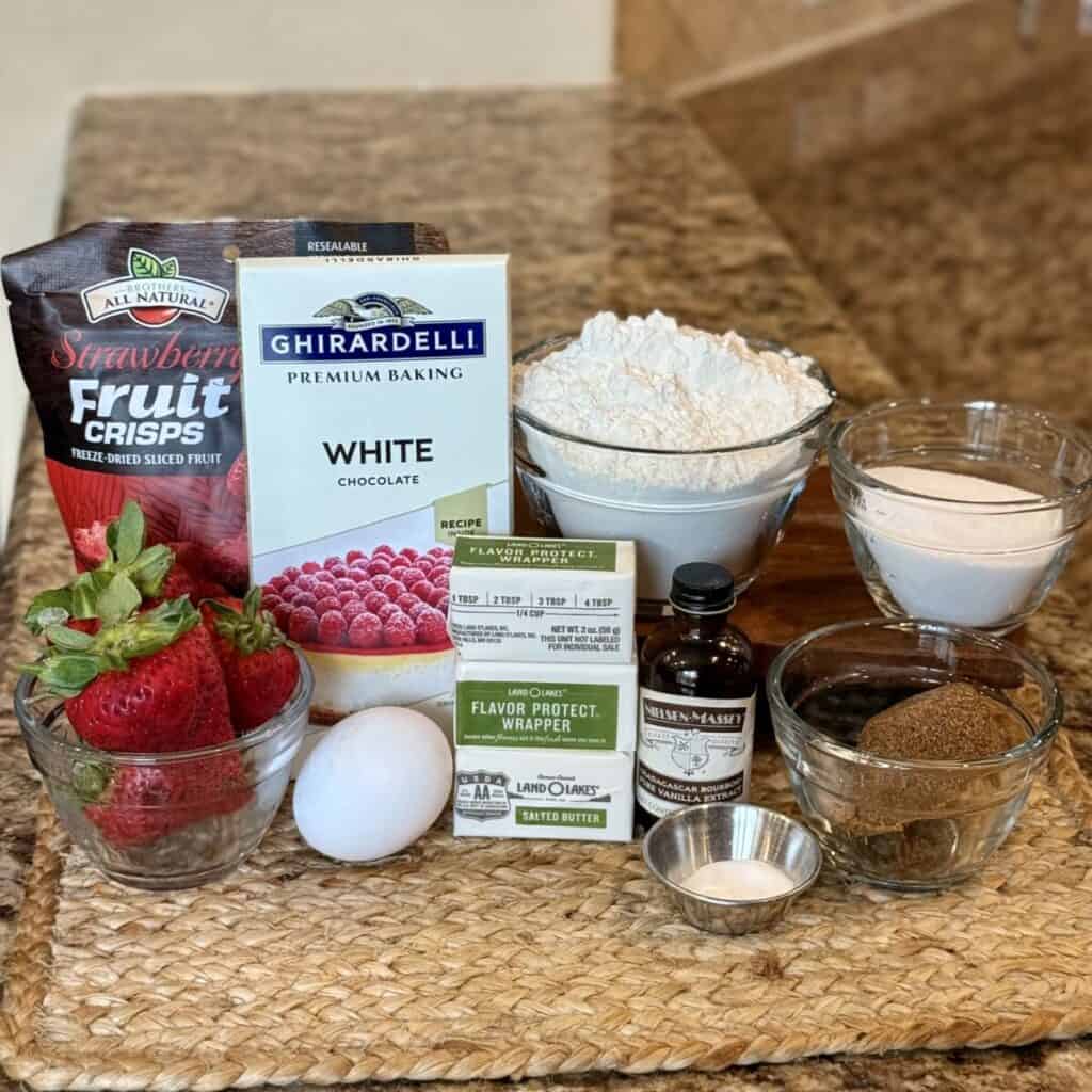 The ingredients to make strawberry shortcake cookies.