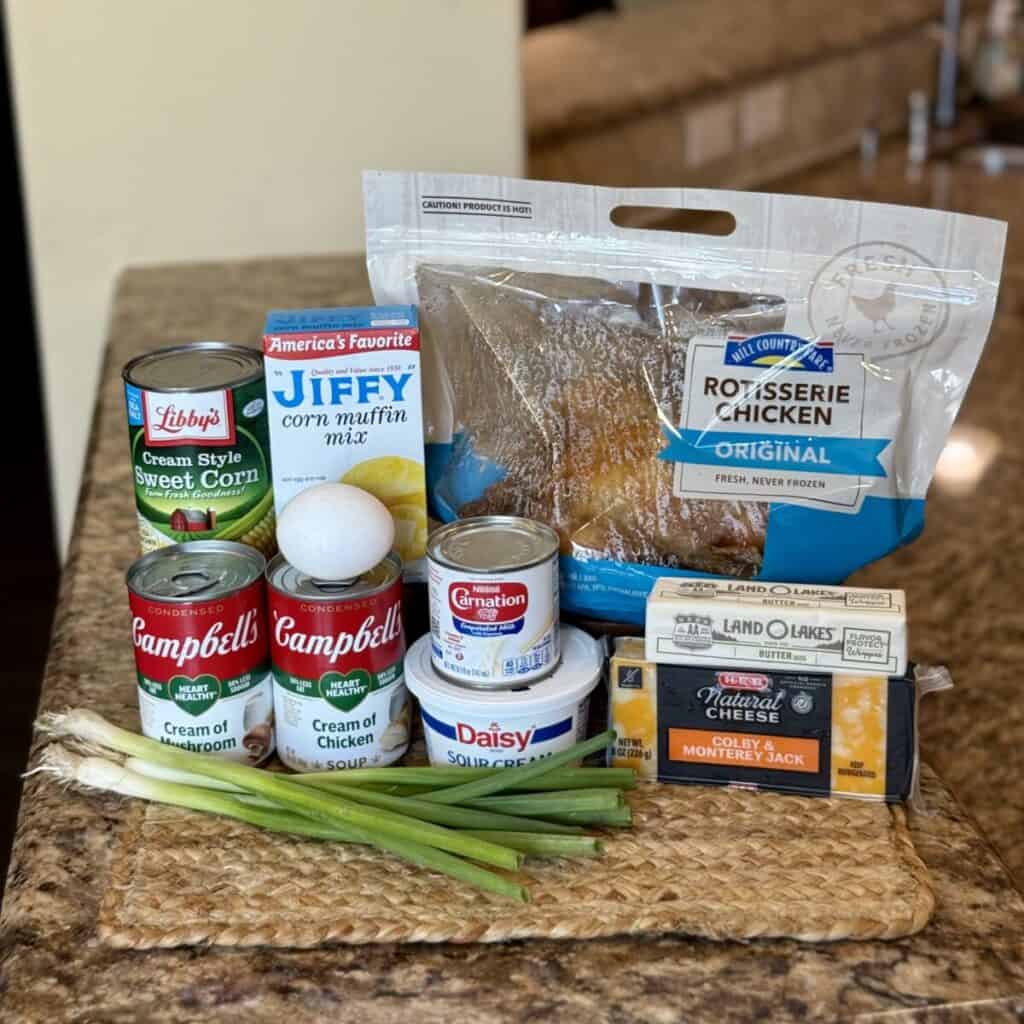 The ingredients to make chicken cornbread casserole.