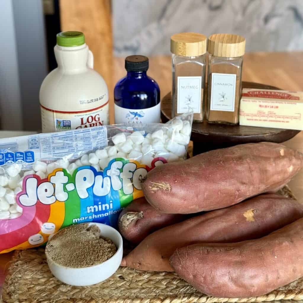 The ingredients to make crockpot sweet potato casserole.